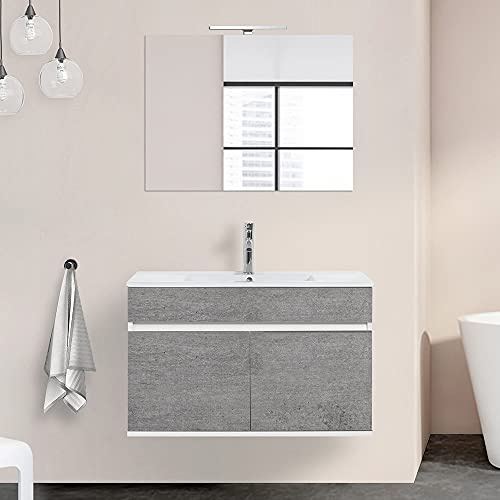 Inbagno Mobile Bagno sospeso con lavabo in Ceramica e Specchio, cassetti e Ante a Chiusura rallentata, 3 colorazioni Disponibili (90 cm 2 Ante, Grigio Cemento)