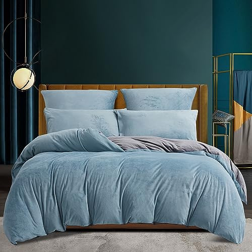 Funda de edredón de invierno de 220 x 240 cm, franela cálida, tacto Cashmere, forro polar, juego de cama de terciopelo azul claro, gris suave, con cremallera, ropa de cama para 2 personas con 2 fundas
