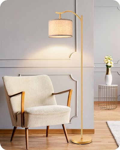 EDISHINE Stehlampe Wohnzimmer, E27-Bogenlampe, 6W Leselampe mit Verstellbarer Leinen Lampenschirm & Fußschalter, 2700K Warmweiß, Stehleuchte für Wohnzimmer, Schlafzimmer, Arbeitszimmer, Gold