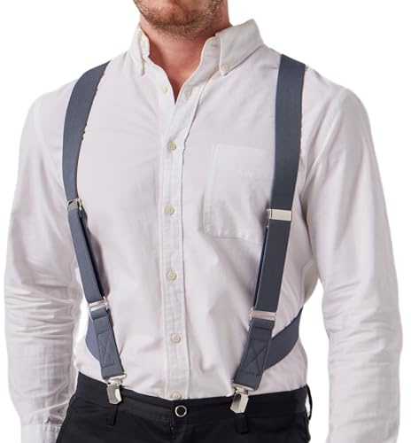 LazarsSpace 2 Clips Men's Suspenders X-Back Clip-On Elastic Braces for Formal and Casual Wear Grey