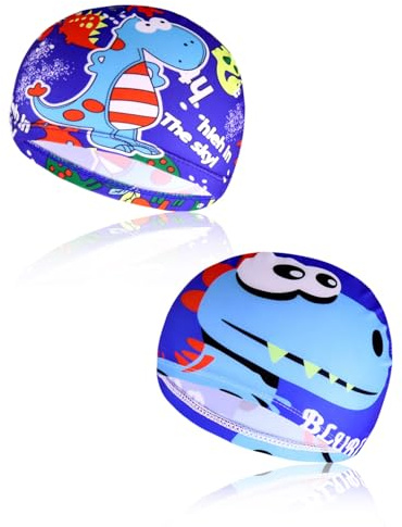 BPTRKOM 2 Pièces Bonnet de Natation pour Enfants - Bonnets Natation pour Enfants, Bonnet de Bain en Polyester, Bonnet de Bain pour Femmes Hommes Enfants Garçons Filles Cheveux Longs et Courts (Bleu)