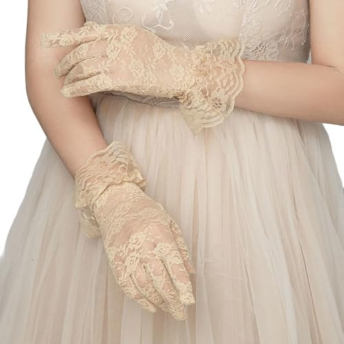 Blausky 1 par spetshandskar, eleganta bröllopshandskar, sommar solskydd handskar, spetsar brudhandskar, brudhandskar, brudhandskar, korta spetshandskar, stretchhandskar, beige