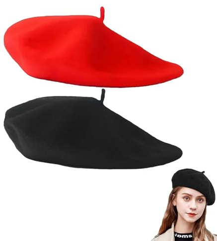 2 PCS French Beret for Women and Men - Classic Style, Warm and Fashionable Headwear for Fall and Winter, Vintage Artist Hat (Black, Red)