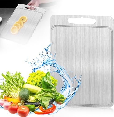 Farerkass Planche à Découper en Titane, 304 Plaque Inox Cuisine,Double Face Cutting Board en Acier Inoxydable, avec Rainuré, pour Viande Fruits Légumes, 34x23cm