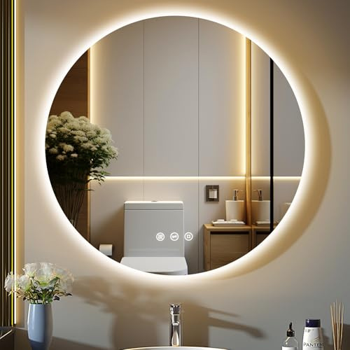 GIMBELEN Badrumsspegel med belysning, rund spegel med belysning, 3 ljusfärger dimbar, touchströmbrytare, minnesfunktion, imfri, LED-badrumsspegel med ljus, 80 cm väggspegel