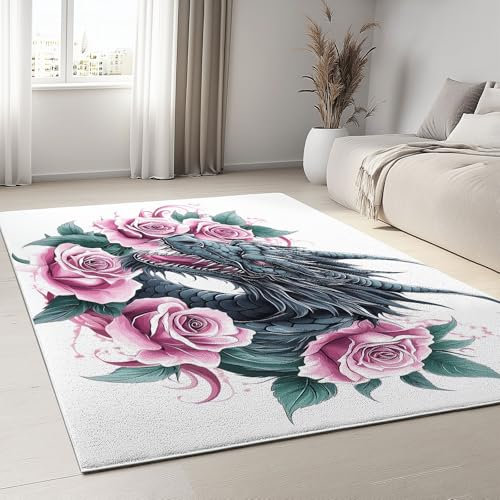 Teppich Moderner Kurzflor Wohnzimmer 60 x 120 cm Teppich Waschbar, Cartoon Wasserhahn Rose Design, Pflegeleicht und Weich Ideal für Schlafzimmer, Esszimer und als Küchenteppich Rosa Schwarz