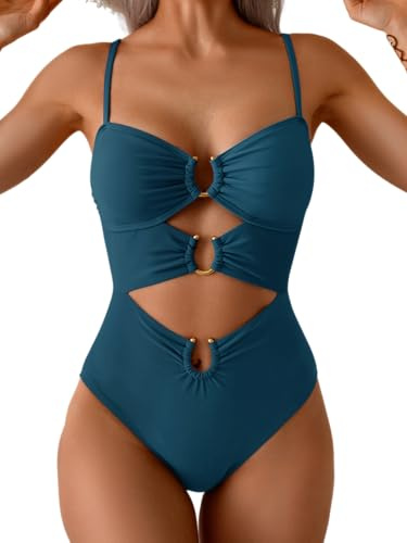 Eomenie Womens Cutout One Piece Swimsuit with Ring Linked Sexy Monokini Bathing Suit for Beach Vacation Peacock Green