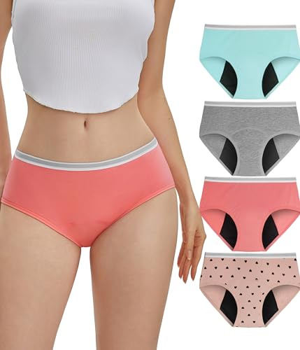 YESWEL Teen Girls Period Underwear, Menstrual Leak-Proof Heavy Flow Absorbency Washable Protective Cotton Panties 4 Pack (US, Age, 12 Years, 14 Years, Multicolor01)