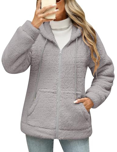 Yuson Girl Sweatshirt med dragkedja fleece med huva teddyjacka sweatshirts vintertröja höst varm termisk huvtröja lättviktig tröja ytterkläder långärmad med huva och fickor, Grå, M