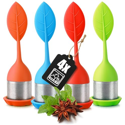 Wilhelm Sell® 4x Infuseurs à Thé Acier & Silicone - Boule avec Couvercle & Support en 2 Couleurs - Filtre Fin pour Thé en Vrac & Épices - Inox Antirouille