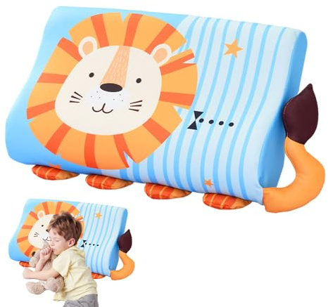 Wxeadu Almohada Infantil, 45 x 27 cm Almohada para Niños, Almohada Niño con Funda, con Memoria, Transpirable y Suave, Almohadas Ergonómica para Niños de 3 a 12 Trae Dulces Sueños (León)