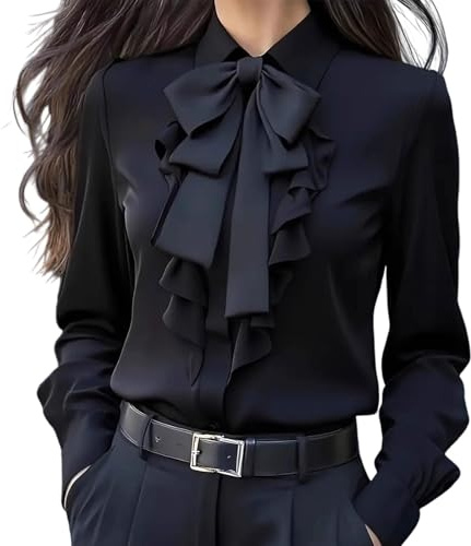 HAOLEI Satin Shirts for Women UK 2025, Ladies Satin Silk Blouses Elegant Bow Tie Neck Vintage Long Sleeve Shirts Going Out Solid Color Casual Smart Business Work Office Tops Black