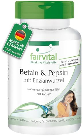 fairvital Betaína y pepsina, 240 cápsulas, betaína HCL + sustancias amargas de la genciana, cápsulas de enzimas de espectro completo, calidad certificada y alta dosis, fabricadas en Alemania