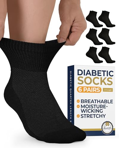 Pembrook® Black Diabetic Socks for Men & Women | 6 Pairs | Wide Stretch Top Men | Diabetic Socks for Men 9-12 | Ankle Moisture Wicking Neuropathy Socks for Men