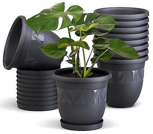 Plastard Blumentopf 10er Set 21 cm Durchmesser Anthrazit - runder Pflanzkübel mit Untersetzer aus Kunststoff - witterungsbeständiger Übertopf, großer Pflanztopf