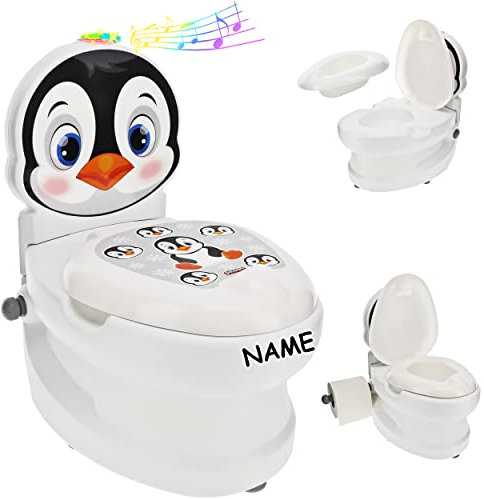 alles-meine.de GmbH Kindertoilette/Töpfchen Spülgeräusch + Licht Pinguin - inkl. Name mit Wasserspülung Sound - Nachttopf/Babytopf - mit Deckel - weiß - Musik - Toilett..