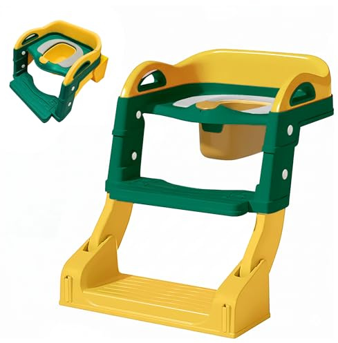 Children Junior Training Potty Toilet Toddler Baby Kids Trainer Chamber Seat Plastic Chair with Cut Out Slot for Easy Carrying, Easy Empty & Clean (Dark Green - Toilet Seat with Ladder)