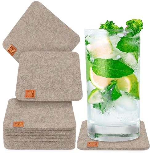 Miqio® Design Posavasos de fieltro redondos o angulares para vasos | Posavasos sostenibles de fieltro Oekotex para vasos | 10 posavasos para bebidas, velas, tazas, bar, vasos |