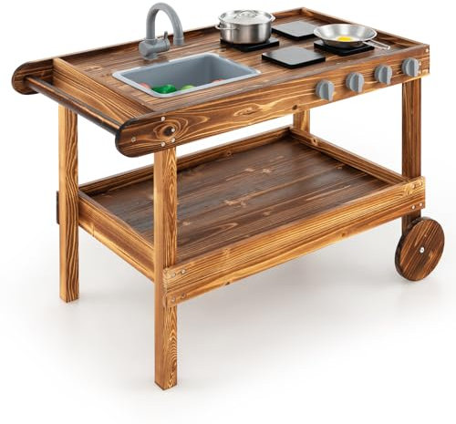 GOPLUS Cuisine Extérieur Enfant avec Roues, Jouet de Cuisine en Bois de Sapin avec Robinet Rotatif et Evier Amovible, Cuisinière et Boutons Réalistes, Chariot de Cuisine 2 Niveaux pour 3+ Ans