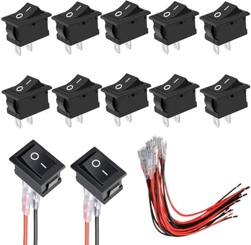 YIZWINS Lot de 10 interrupteurs à bascule T85 2 broches SPST avec câblage ON/OFF 12 V KCD1 6 A 250 V 10 A 125 V pour moto, berline, bateau - Noir