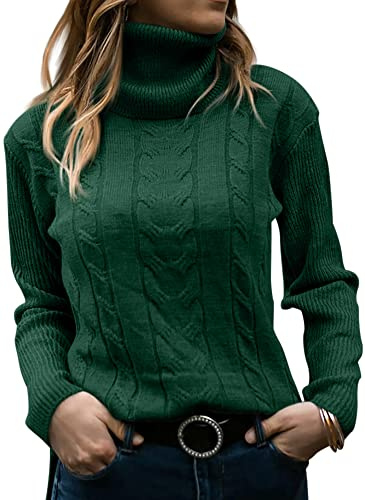 GeGekoko Women's Long-Sleeved Cable Knit Roll Neck Jumper, dark green, S