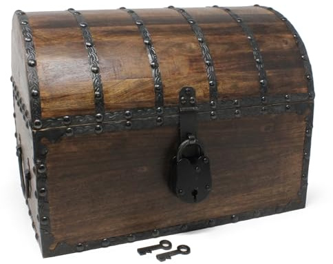 Nautical Cove Antiqued Finished Wood Treasure Chest with Decorative Rivets and Reinforcing Iron Strips with Lock and Skeleton Keys (Dark Antique, Large 13x10x10)