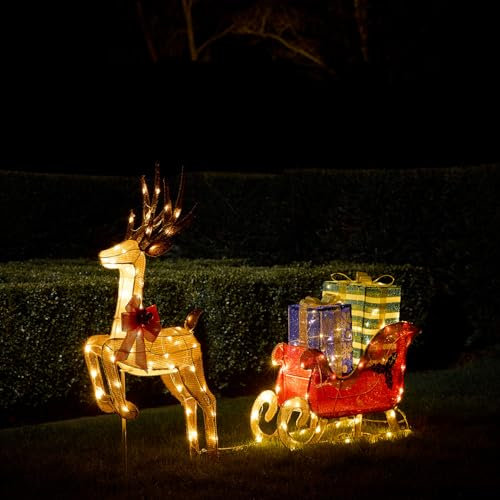 Lights4fun Christmas Outdoor Leaping Reindeer & Sleigh Light Up Figure Garden Decoration 150 Warm White LEDs Plug In with Timer