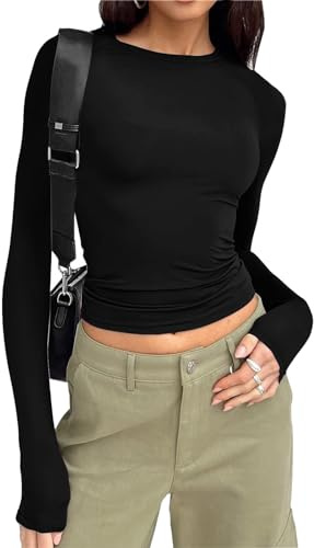 Women Basic Long Sleeve Crop Tops Solid Y2k Going Out Tee Shirt Casual Crew Neck Tight Top (Black,S)