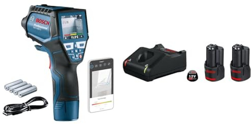 Bosch Professional Infrarot-Thermometer GIS 1000 C (mit App-Funktion, Temperaturbereich: –40 °C bis 1000 °C, 4x AA, im Karton) + 12V Akku Starter-Set: GBA 12V 2x 2.0Ah Akku + Ladegerät GAL 12V-40