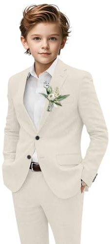 Boys Suit 2 Piece Linen Kids Tuxedo Suits for Boys Slim Fit for Wedding Suits Communion Formal Suit Jacket Pants Beige 11-12 Years