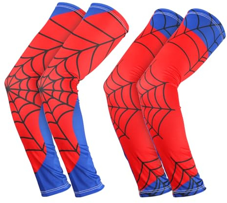 SAVITA 2 Paires de Manchons de Bras pour Enfants, Respirants et Élastiques Motif Toile d'Araignée Protection des Bras Baseball Rouge et Bleu pour Jeunes
