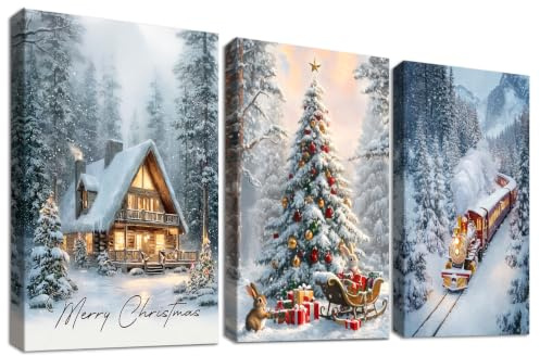 3 Pcs Wooden Framed Canvas Wall Art Christmas Red Train Canvas Prints Wooden House Sledges and Gifts Painting Winter Pictures for Living Room Bedroom Hallway Stairs Holiday Wall Decor 50x70 cm x3pcs