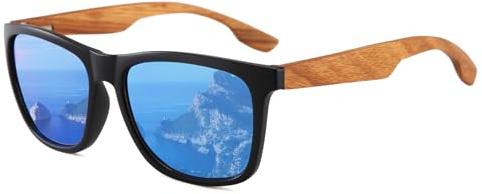 Long Keeper Gafas de Sol Madera Hombre Mujer Ultraligero Clasicas Gafas de Sol Retro Cuadradas Lente Espejo Montura Madera Unisex Gafas Conducir Pesca UV400 (Montura Negro - Lentes Espejo Azul)