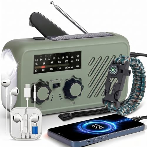 Radio Portable Urgence, Radio de Survie AM/FM Solaire & Dynamo, Powerbank 2000mAh, Lampe LED Torche + Lecture, Alarme SOS - 4 Modes de Charge, Idéale Camping, Panne de Courant, Voiture