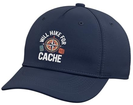 Will Hike for Cache Compass Geocaching Adjustable Printed Baseball Hat, Navy Blue