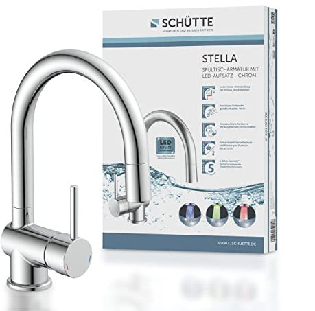 SCHÜTTE Küchenarmatur Stella, Wasserhahn Küche mit hohem Bogenauslauf, LED Funktion lässt den Wasserstrahl in 3 Farben leuchten, 360 Grad schwenkbare Spültischarmatur für Doppelspülspecken, Chrom