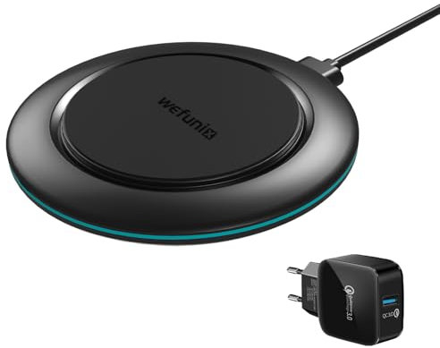Wefunix 15W Qi Cargador Inalámbrico Rápido Carga Inalambrica [Adaptador QC3.0 Incluido] Compatible con iPhone 16 15 14 13 12 11 XS Samsung Galaxy Z Flip S25 S24 S23 S22 S21 S20 Note 20 Huawei P40 Pro
