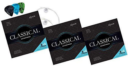 Shaman Gitarrensaiten für Konzertgitarre - 3 Satz Premium Nylon Saiten für klassische Gitarre und Akustikgitarre - 6+2 Saiten-Set inklusive 3 Plektren, D-Saite und extra hohe E-Saite