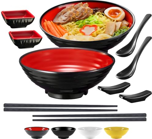 Unbreakable Ramen Bowl Set with Chopsticks and Spoon: 2 large Japanese Style Melamine Ramen Bowls, Dipping Bowls and Chopstick Stands for Asian Pho Soup Thai Miso Udon Wonton (2 Bowl Set, Red-Black)