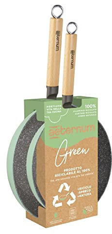 Aeternum Green Induction Wood, zwei antihaftbeschichtete Pfannen, geeignet für Induktion, Griffe aus Buchenholz, Durchmesser 24 cm und 28 cm, 100% recycelbare Materialien, Grün