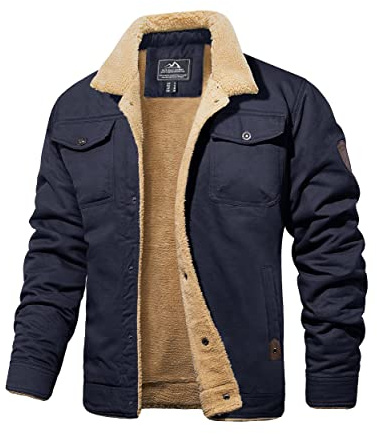 MAGCOMSEN Fleece vinterjacka för män, utomhus, cargo, flygjacka, militär vinterparkas, vindtät fritidsjacka, ståkrage, varma fodrade jackor med 5 fickor, Mörkblå, XL