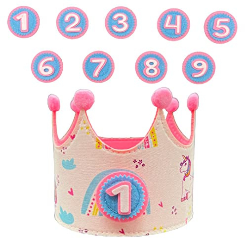 Corona Primer Cumpleaños Unicornio Bebe Infantil - Corona Cumpleaños tela niño niña Números Intercambiables 1 a 9 - Regalo Original Bebe - Gorro Tela Niño Fiesta - Corona Cumpleaños Fiesta Infantil.