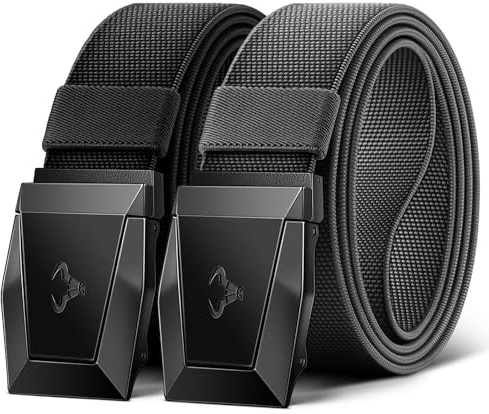 BULLIANT Men Tactical Belt 2 Pack,Stretch Western Rigger Web Belt For Cowboy Military Heavy Duty 1.5-Cut For Fit(Black/Dark Gray,34-38 Waist Adjustable)