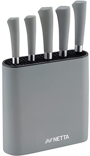 NETTA Kitchen Knife Set with Block - 6 Piece Stainless Steel Including Block - 5 Knives with Ergonomic Soft-Grip Handles and Safe-Storage Knife Holder - Grey