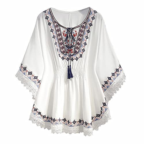 Chemise bohème pour femme âgée, tunique florale en lin brodée, manches courtes, coupe ample, chemisiers indiens à manches longues, vêtements en gaze, haut paysanne bohème pour femme, style bohème,