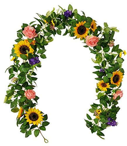 Wnvivi 190cm Konstgjord Solrosgirland,vårblommor Grönska Vinstockar,falsk Solrosgrönska Krans för Hemdörr Vägg öppen Spisdekor(1 st)