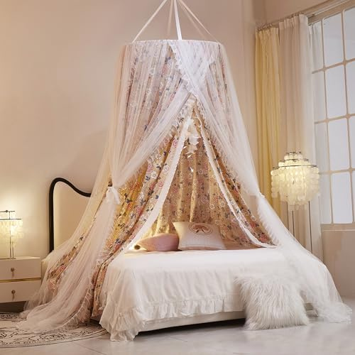 HUOQOU Double Layer Princess Round Dome Canopy Bed Curtain for Girls Children Dreamy Mosquito Net Cute Bedroom Decoration Castle Play Tent Reading Corner (Eternal Flower)