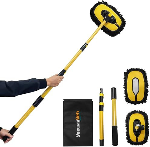 YeewayVeh 55 Car Wash Brush with Long Handle, 15° Curved Extendable Car Cleaning Brush with Replaceable Microfiber Mop Head, Portable Washing Brush Kit with Storage bag for RV Truck Camper Cleaning