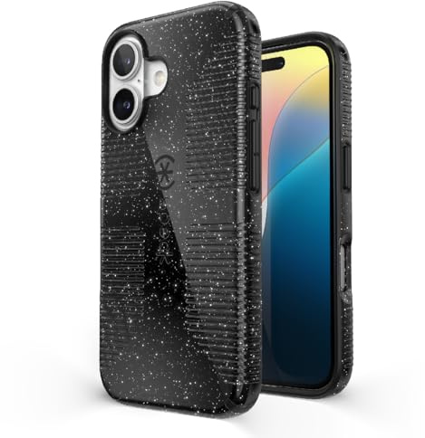 Speck CandyShell Schutzhülle für iPhone 16 – iPhone 16 Hülle für Damen und Herren – griffige Schutzhülle für iPhone 16, schlanke MagSafe-Hülle, schwarzer Glitzer/Stahlschwarz