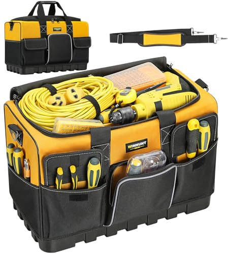WINHUNT Bolsa de herramientas de boca abierta, bolsas de herramientas resistentes para electricistas, organizador de almacenamiento de herramientas con base dura impermeable, amarillo/negro, 20